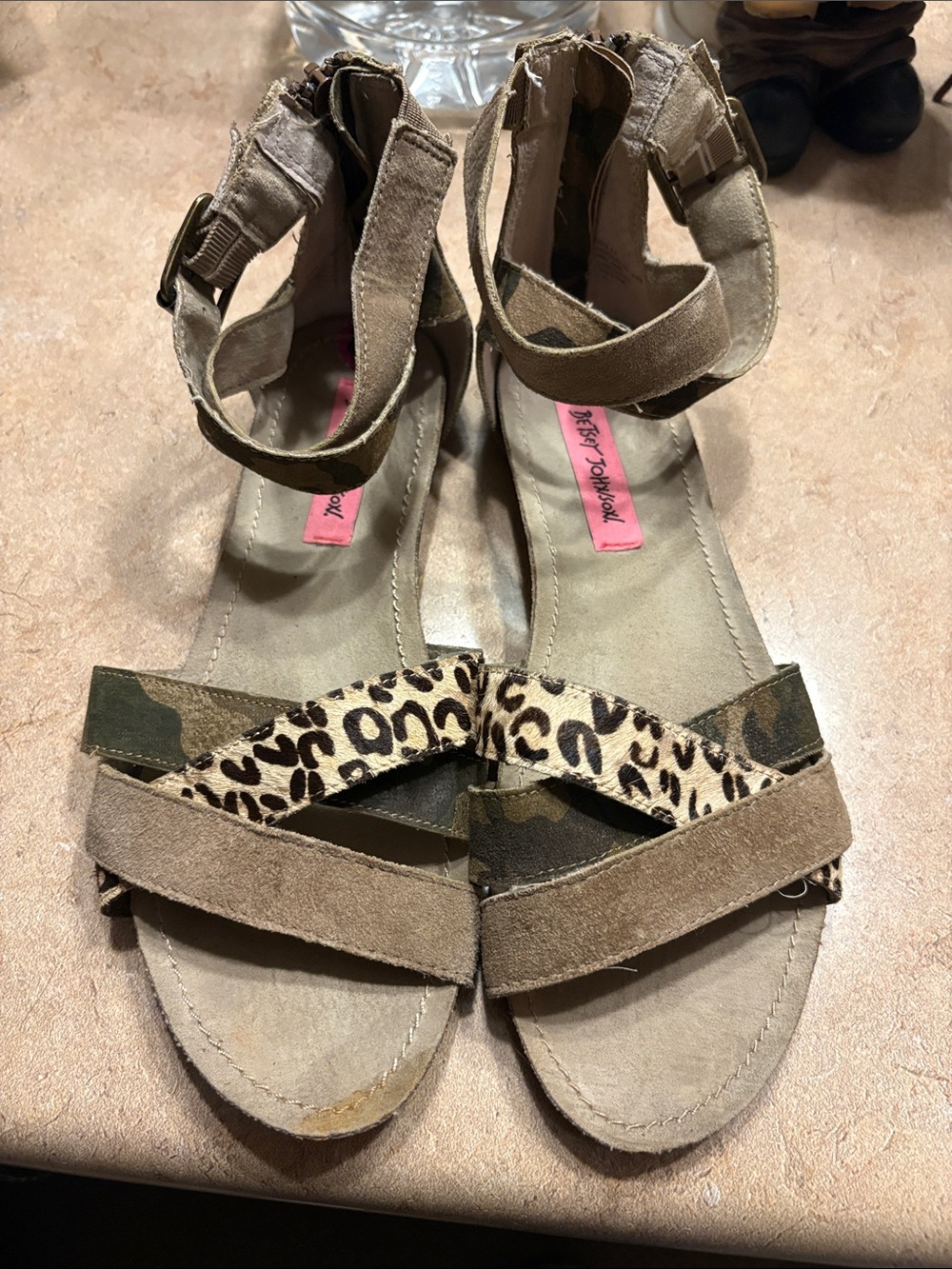 Betsey Johnson Taupe Suede Sandals with Leopard & Camo Straps